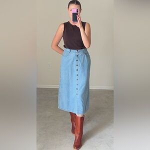 Vintage Denim Midi Length 100% Cotton Button Down Skirt 28” waist